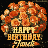 Animated bouquet of orange roses with moving butterfles and golden 'Happy Birthday Janeli' text, surrounded by sparkling accents and a dark backdrop for a luxurious feel.