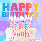 A vibrant animated name GIF with the words 'Happy Birthday Janeli' with colorful candles on a creamy cake. The background sparkles with pastel shades, adding a festive touch.