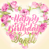 A stunning heart made of pink roses surrounds the elegant script text 'Happy Birthday Janeli' on a soft beige background. Animated sparkles add a magical and festive feel.