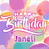 A vibrant name GIF featuring colorful balloons in shades of pink, orange, and yellow with the bold text 'Happy Birthday Janeli' in festive fonts, creating a lively birthday vibe.