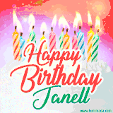 Bright birthday candles with rainbow flames on a cake, alongside the text 'Happy Birthday Janell' in vibrant script in this celebratory animated GIF.