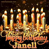 A glowing personalized birthday GIF with name Janell featuring lit candles with intricate designs, warm lighting, and the text 'Happy Birthday' in an elegant font.