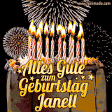 A chocolate birthday cake with glowing candles, the German text 'Alles Gute zum Geburtstag Janell,' and vibrant fireworks lighting up the background in an animated GIF.
