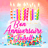 A white birthday cake covered in colorful sprinkles, topped with bright candles, and French text 'Bon Anniversaire Janell' on a pastel gradient background in an animated GIF.