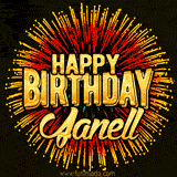 Golden 'Happy Birthday Janell' text accompanied by animated rainbow fireworks for a festive animated greeting.