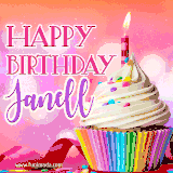 A vibrant birthday GIF featuring a rainbow-colored cupcake topped with white frosting, sprinkles, and a lit candle. The text reads 'Happy Birthday Janell' in bold pink and violet letters with white outline.