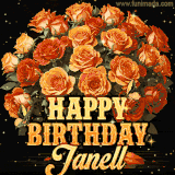 Animated bouquet of orange roses with moving butterfles and golden 'Happy Birthday Janell' text, surrounded by sparkling accents and a dark backdrop for a luxurious feel.