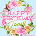 A charming animated GIF featuring 'Happy Birthday Janell' in pink and green text, surrounded by delicate roses, leaves, and fluttering butterflies on a soft light blue pastel background.
