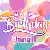 A vibrant name GIF featuring colorful balloons in shades of pink, orange, and yellow with the bold text 'Happy Birthday Janell' in festive fonts, creating a lively birthday vibe.
