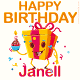 A vibrant and funny gift box character with a happy face dancing with a cupcake and the text 'Happy Birthday Janell,' surrounded by animated confetti and party vibes.
