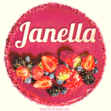 Beautifully decorated red velvet berry birthday cake with vibrant fruits and a glowing 'Janella' name, adding a touch of sweetness and sparkle.