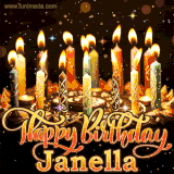A glowing personalized birthday GIF with name Janella featuring lit candles with intricate designs, warm lighting, and the text 'Happy Birthday' in an elegant font.