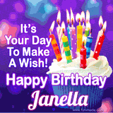 A colorful birthday GIF for Janella featuring a cupcake with vibrant lit candles and the text 'It's Your Day to Make a Wish! Happy Birthday Janella' in bold letters on a festive purple background.
