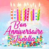 A white birthday cake covered in colorful sprinkles, topped with bright candles, and French text 'Bon Anniversaire Janella' on a pastel gradient background in an animated GIF.