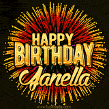Golden 'Happy Birthday Janella' text accompanied by animated rainbow fireworks for a festive animated greeting.
