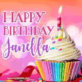 A vibrant birthday GIF featuring a rainbow-colored cupcake topped with white frosting, sprinkles, and a lit candle. The text reads 'Happy Birthday Janella' in bold pink and violet letters with white outline.