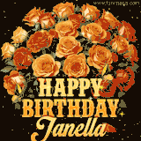 Animated bouquet of orange roses with moving butterfles and golden 'Happy Birthday Janella' text, surrounded by sparkling accents and a dark backdrop for a luxurious feel.