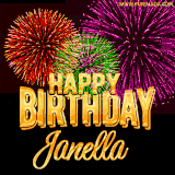 A golden 'Happy Birthday Janella' message with vibrant fireworks in the background, creating a festive and celebratory vibe in this animated name GIF.