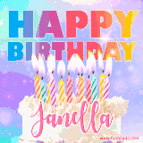 A vibrant animated name GIF with the words 'Happy Birthday Janella' with colorful candles on a creamy cake. The background sparkles with pastel shades, adding a festive touch.