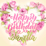 A stunning heart made of pink roses surrounds the elegant script text 'Happy Birthday Janella' on a soft beige background. Animated sparkles add a magical and festive feel.