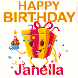 A vibrant and funny gift box character with a happy face dancing with a cupcake and the text 'Happy Birthday Janella,' surrounded by animated confetti and party vibes.