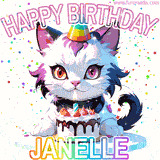 Adorable party-themed animated cat next to a lit birthday cake with text that says 'Happy Birthday Janelle,' surrounded by colorful decorations and sparkles.