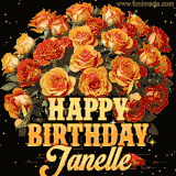 Animated bouquet of orange roses with moving butterfles and golden 'Happy Birthday Janelle' text, surrounded by sparkling accents and a dark backdrop for a luxurious feel.