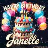 Bright birthday animation for Janelle with a chocolate cake, candles, balloons, and glowing celebratory lights.