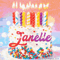 Personalized for Janelle elegant birthday cake adorned with rainbow sprinkles, colorful candles and glitter