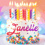 A cheerful white birthday cake with multicolor sprinkles, lit candles, and 'Janelle' written in vibrant letters, in an animated GIF.