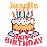 Cartoon birthday cake with a red bow, glowing candles, and 'Janelle Happy Birthday' text in bold animated style.