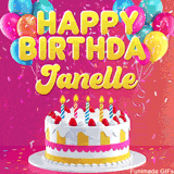Pink-themed animated greeting with balloons, confetti, and a frosted cake under the message 'Happy Birthday Janelle' in bold rounded yellow font.