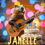 Animated birthday GIF showing a capybara playing guitar and singing beside a birthday cake with the name Janelle in large letters and colorful bokeh lights in the background.