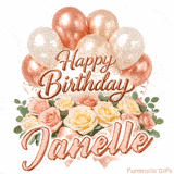 Elegant 3D rose gold text saying Happy Birthday Janelle surrounded by balloons
