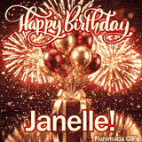 A bundle of metallic helium balloons floating over a luxury holiday gift wrapped with a gold bow, made for Janelle.