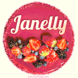 Beautifully decorated red velvet berry birthday cake with vibrant fruits and a glowing 'Janelly' name, adding a touch of sweetness and sparkle.