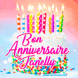 A white birthday cake covered in colorful sprinkles, topped with bright candles, and French text 'Bon Anniversaire Janelly' on a pastel gradient background in an animated GIF.