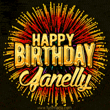 Golden 'Happy Birthday Janelly' text accompanied by animated rainbow fireworks for a festive animated greeting.