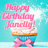 A festive cupcake with pink icing, a gingham bow, and a lit animated sparkler, paired with 'Happy Birthday Janelly!' in bright pink text.