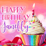 A vibrant birthday GIF featuring a rainbow-colored cupcake topped with white frosting, sprinkles, and a lit candle. The text reads 'Happy Birthday Janelly' in bold pink and violet letters with white outline.