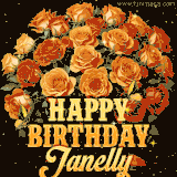 Animated bouquet of orange roses with moving butterfles and golden 'Happy Birthday Janelly' text, surrounded by sparkling accents and a dark backdrop for a luxurious feel.