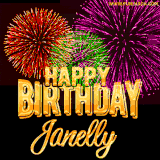 A golden 'Happy Birthday Janelly' message with vibrant fireworks in the background, creating a festive and celebratory vibe in this animated name GIF.
