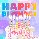 A vibrant animated name GIF with the words 'Happy Birthday Janelly' with colorful candles on a creamy cake. The background sparkles with pastel shades, adding a festive touch.