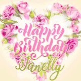 A stunning heart made of pink roses surrounds the elegant script text 'Happy Birthday Janelly' on a soft beige background. Animated sparkles add a magical and festive feel.