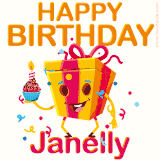 A vibrant and funny gift box character with a happy face dancing with a cupcake and the text 'Happy Birthday Janelly,' surrounded by animated confetti and party vibes.