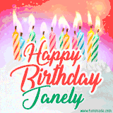 Bright birthday candles with rainbow flames on a cake, alongside the text 'Happy Birthday Janely' in vibrant script in this celebratory animated GIF.