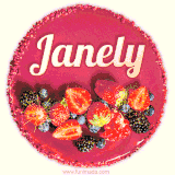 Beautifully decorated red velvet berry birthday cake with vibrant fruits and a glowing 'Janely' name, adding a touch of sweetness and sparkle.