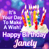 A colorful birthday GIF for Janely featuring a cupcake with vibrant lit candles and the text 'It's Your Day to Make a Wish! Happy Birthday Janely' in bold letters on a festive purple background.