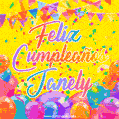 A bright and festive GIF with the text 'Feliz Cumpleaños Janely' in Spanish in colorful fonts, surrounded by confetti, balloons, and festive banners on a vibrant yellow background.