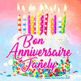 A white birthday cake covered in colorful sprinkles, topped with bright candles, and French text 'Bon Anniversaire Janely' on a pastel gradient background in an animated GIF.